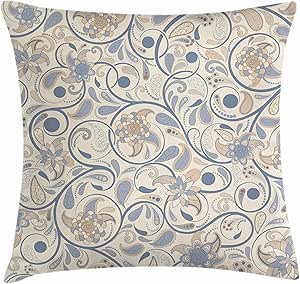 Ambesonne Vintage Pillow Cushion Cover Pack of 2, Oriental Scroll with Swirling Leaves with Eastern Design Inspirations, Decorative Square Accent Pillow Case, 2 Pcs-16" x 16", Slate Blue Beige Tan