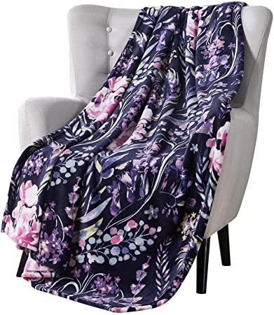 VCNY Decorative Throw Blanket: Swaying Floral Vibrant Botanical Accent for Couch or Bed, Colors: Dark Navy Blue Pink Purple Yellow Green White