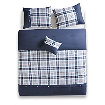 Comfort Spaces - Harvey Comforter Set - 4 Piece - Blue - Multi-Color Plaid - Perfect for College Dormitory, Guest Room - Queen Size, Includes 1 Comforter, 2 Shams, 1 Decorative Pillow