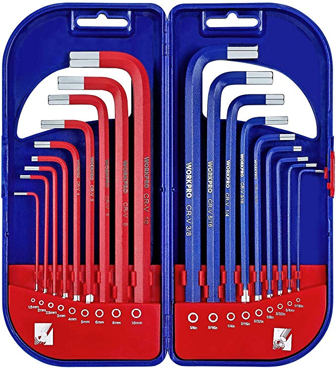 WORKPRO Hex Key Set, Metric/Imperial Allen Keys Set, Combined Long Arm Hexagon Key Set, 18-Piece, 1.5-10 mm and 1/16-3/8 Inch with Carry Case