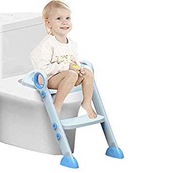 Adjustable Baby Toilet Potty Training Seat,Toddler Toilet Training Seat with Sturdy Non-Slip Ladder Potty Trainer for Boys and Girls Baby Comfortable PU Sofit Seat (Blue)