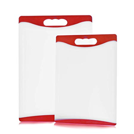Kitchen Candy Cutting Board Set, 2-Piece Set, Dishwasher Safe, Juice Grooves w/Easy-Grip Handles, Red