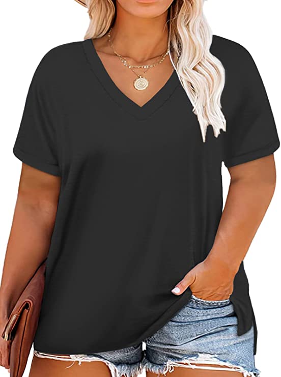 DOLNINE Womens-Plus-Size-Tops-Summer V Neck T Shirts Side Split Tunics Tees