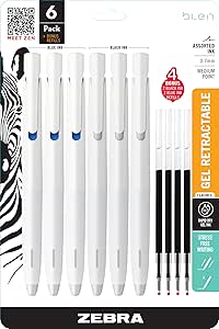 Zebra Pen bLen Retractable Gel Pen   refills, White Barrel, Medium Point, 0.7mm, Black and Blue Ink (Pack of 1,6 Count Total)