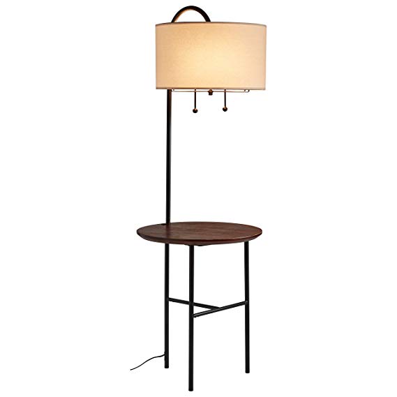 Rivet Modern Floor Lamp with Wood Shelf, 59"H, With Bulb, Black with Linen Shade