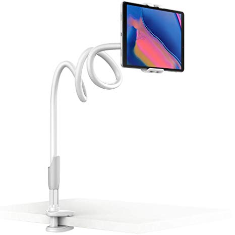 Gooseneck Tablet Holder, EasyAcc Tablet Stand Flexible Long Arm Clip Smartphone Tablet Mount 1M Compatible with iPad Mini Pro Air, iPhone 11 Pro Max, Galaxy Tabs, More 4-10.6" Devices (White)