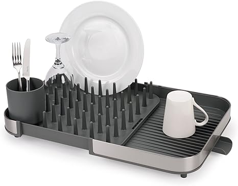 Joseph Joseph Duo Escurreplatos Extensible sobre Fregadero, Escurridor Platos de Cocina con Soporte para Utensilios y Caño De Drenaje, Acero Inoxidable, Gris