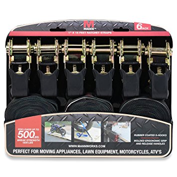Mann Ratchet Tie Downs Straps 6-Pack with S-hooks 1-Inch x 15-Feet 500 Lbs Load Cap - 1500 Lb Break Strength (Camo)