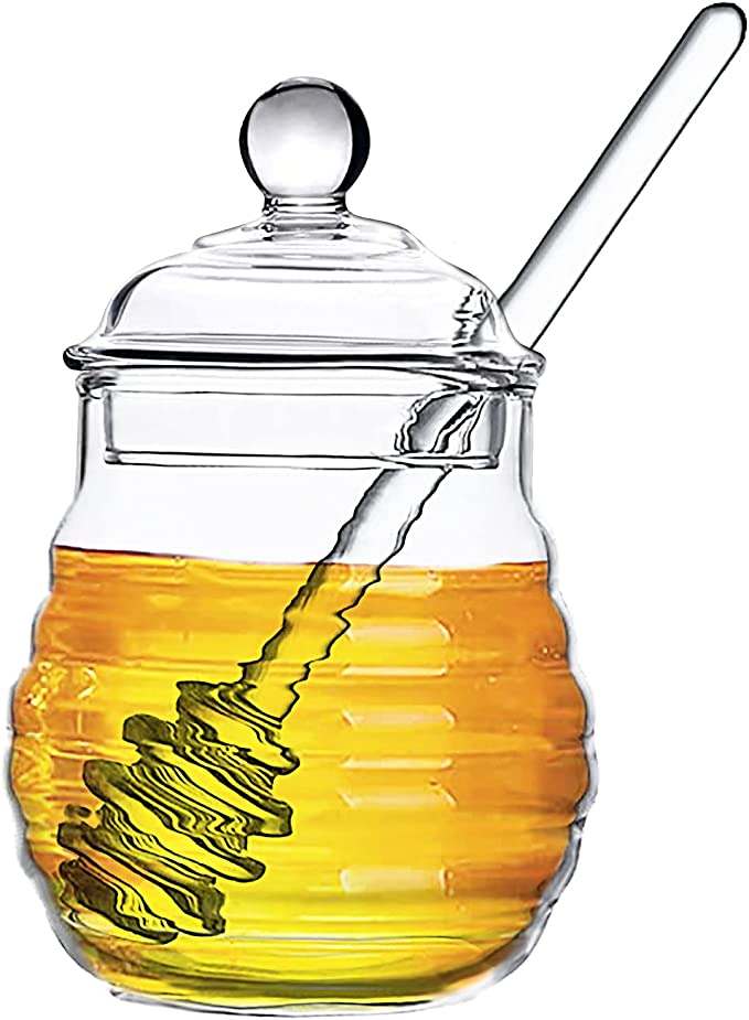 MOVNO Honey Jar with Dipper and Lid, Glass Honey Pot for Store Honey and Syrup, Clear Glass Honey Container for Home Kitchen, Practical and Decorative Honey Holder, Easy to Clean