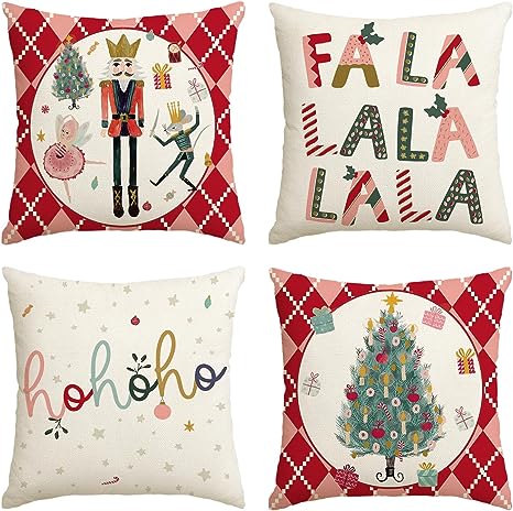 AVOIN colorlife Merry Christmas Nutcracker Red Throw Pillow Covers, 18 x 18 Inch Winter Holiday Party Cushion Case Decoration for Sofa Couch Set of 4