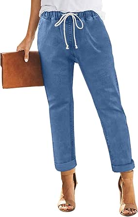 Sidefeel Women's Denim Stretch Joggers Drawstring Elastic Waist Pull On Jeans with Side Pocket