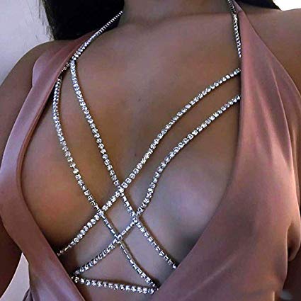 Victray Boho Sexy Crystal Body Chains Summer Beach Bikini Chain Fashion Harness Charm Chain Body Accessories Jewelry for Women and Girls (Silver)