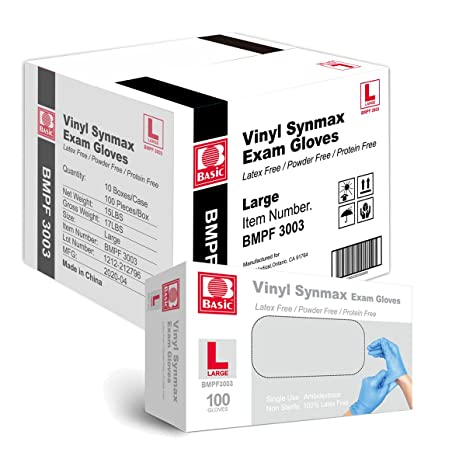 BASIC Medical Synmax Vinyl Exam Gloves - Latex-Free & Powder-Free - Large, BMPF-3003(Case of 1,000)