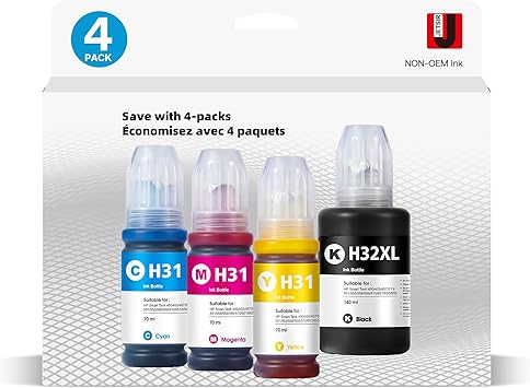 31 32XL Ink Bottle Refill Kit Compatible for HP Smart Tank 5101 7301 7602 7001 6001 Plus 551 651 455 457 450 All-in-One Ink-Tank Printers, 4-Pack (140ML 32XL Black Ink, 70ML 31 Color Ink)