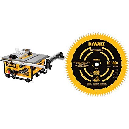 DEWALT DW745 10-Inch Compact Job-Site Table Saw with 20-Inch Max Rip Capacity, Corded 120V AC with DEWALT DW3219PT 10-Inch 80T Fine Crosscutting Saw Blade