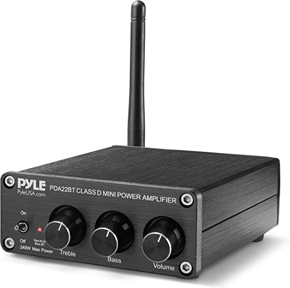 Pyle Compact Powerful Home Audio Amplifier Receiver Mini with Bluetooth 5.0 Desktop Blue Series 2 x 100 Watt for Home Speakers w/Bass &Treble Control - PDA22BT