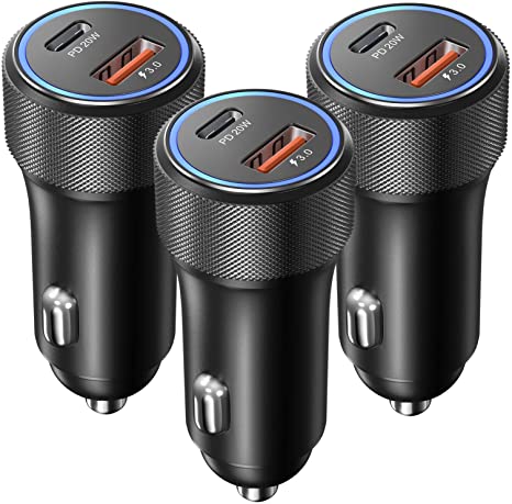 36W USB C Car Charger, OKRAY 3 Pack Fast Charging Car Charger Adapter, PD20W QC3.0 Dual Port Cigarette Lighter USB Charger with LED Compatible iPhone 13/12/11/ iPad, Galaxy S20/10, Note20/10 - Black