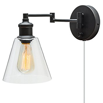 Globe Electric LeClair 1-Light Plug-In or Hardwire Industrial Wall Sconce, Dark Bronze Finish, On/Off Rotary Switch on Canopy, 6 Foot Clear Cord, 65311