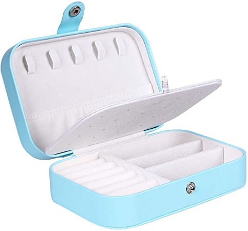 misaya Travel Jewelry Case Box - Women PU Leather 2 Layer Jewelry Organizer Holder for Necklace Earring Rings, Light Blue