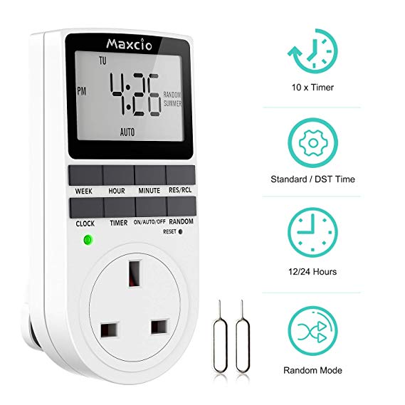 Digital Timer Plug, Maxcio Electrical Programmable Plug Timer Switch with Random and Summer Time Function for Lights and Home Appliances - 13A/2900W (1 Pack)