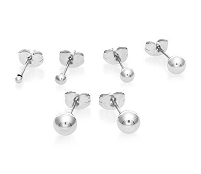 5 Pair Set of stainless steel ball earrings with Matching Backings, 2mm, 3mm, 4mm, 5mm, & 6mm, By Regetta Jewelry