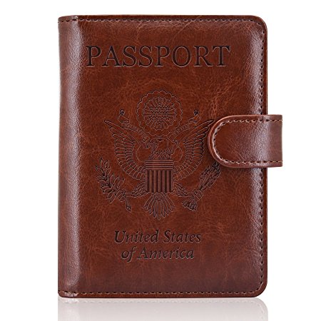 ACdream Leather Passport Holder [Bonus Stylus] Cover Case RFID Blocking Travel Wallet with Magnet Closure, Brown