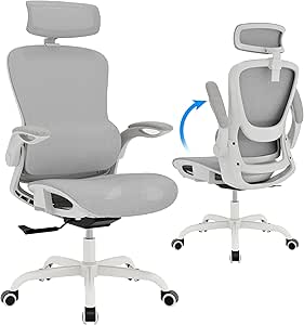 GABRYLLY Ergonomic Mesh Office Chair- White Desk Chair, Flip-Up Armrest, Adjustable Headrest, Tilting with Soft Seat and PU Wheel, Elite Home Desk Chair for Work, Study, Gaming (GY1108)