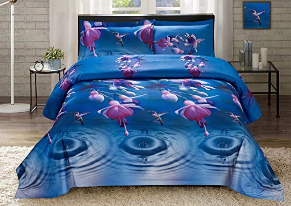 HIG Luxurious 3D Bed Sheet Set Wild Life Animals,Flowers and Scenery Print Bird, Flower and Ripple in Queen King Size (King, HUMMINGBIRD-Y27)