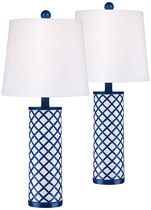 Gisele Modern Coastal Table Lamps Set of 2 Blue Lattice Pattern Column White Tapered Drum Shade for Living Room Bedroom Bedside Nightstand Office Family - 360 Lighting