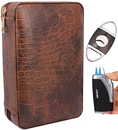 AMANCY Manly Black Brown Crocodile Pattern Leather Travel Cedar Wood Lined 4 Cigar Humidor Case, Included Cigar Cutter and Lighter