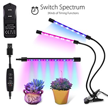 18W Indoor Plants Grow light Timing Function Switch Spectrum Red Blue Red-Blue 3 Switch Modes Dual Head 36 LED Chips 3 6 12 H Timer Adjustable Gooseneck 5 Dimmable Levels