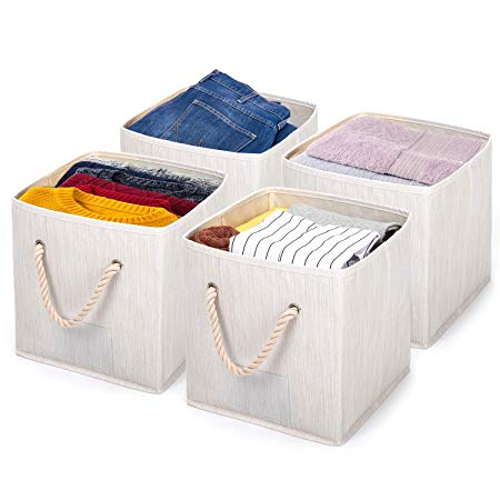 MaidMAX Fold-able Bamboo Fabric Storage Bin Cube with Cotton Rope Handles and Label Holders, Collapsible Basket Box Organizer for Shelves and Closet,Beige, Set of 4