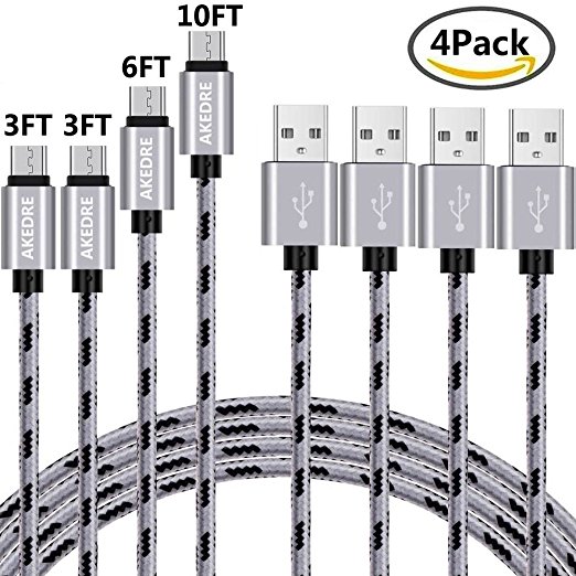 Micro USB Cable, AKEDRE 4Pack [3FT 3FT 6FT 10FT] Premium Nylon Braided Micro USB Cable High Speed USB 2.0 A Male To Micro B Sync And Durable Charging Cable for Samsung, HTC, Motorola, Nokia, Android（Gray)