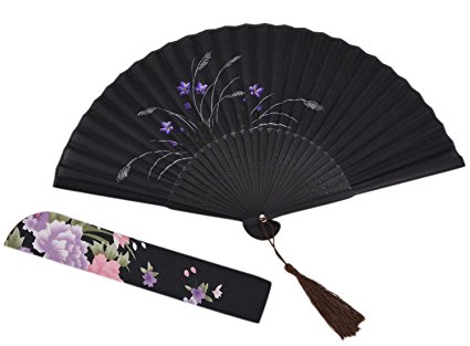 Amajiji Chinese Japanese Folding Hand Fan for women,Vintage Retro Style 8.27" (21CM) Bamboo Wood Silk Hand Fans (CL-02)