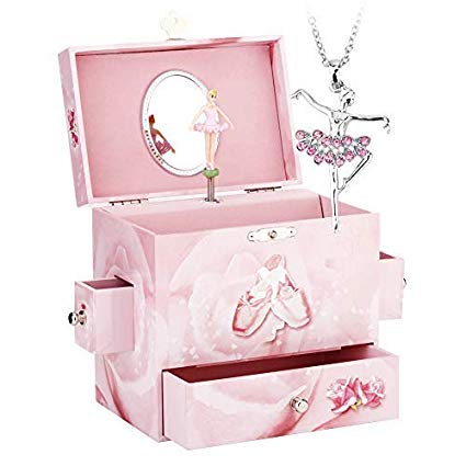 Round Rich Music Jewelry Box and Ballerina Dance Necklaces with Melody is Swan Lake Pink