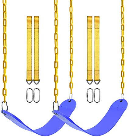 PACEARTH 2 Pack Swings Seats Holds 660lbs with 68.9 inch Anti-Rust Chains Plastic Coated 23.6 inch Tree Hanging Straps and Locking Buckles Playground Swing Set Accessories Replacement - Blue