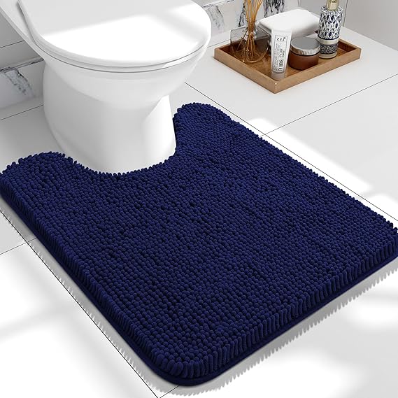 OLANLY Toilet Rugs U-Shaped 24x20, Extra Soft Absorbent Chenille Contour Bathroom Rugs for Toilet, Dry Quickly, Machine Washable, Non-Slip Toilet Bath Mat, Navy