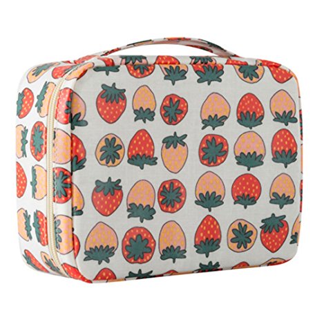 CalorMixs Travel Cosmetic Bag Printed Multifunction Portable Toiletry Bag Cosmetic Makeup Pouch Case Organizer for Travel (Strawberry White)