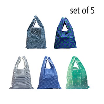 Ahyuan Set of 5 Foldable & Reusable Grocery Bag 100% Ripstop Thick Nylon for Shopping Travel Outdoor, 23"x14"