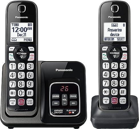 Panasonic Cordless Phone with Answering Machine, Advanced Call Block, Bilingual Caller ID and Easy to Read High-Contrast Display, Expandable System with 2 Handsets - KX-TGD832M (Metallic Black)