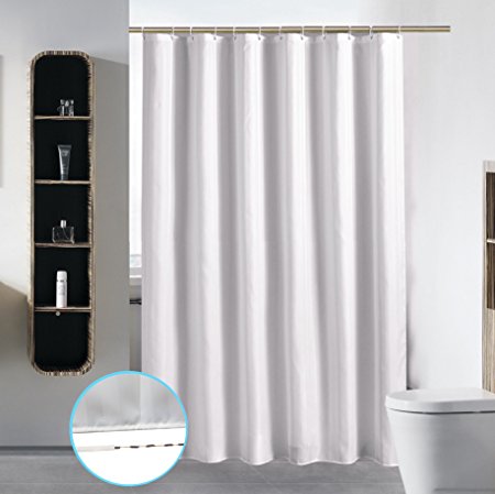 Extra Long Washable Shower Curtain Liner Bathroom Waterproof Fabric Cloth Mildew Resistant Polyester (Best Hotel Quality Eco Friendly Damask Stripe) with Curved Plastic Hooks Set - 72 x 84, White