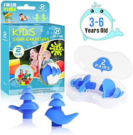 Hearprotek 2 Pairs Ear Plugs for Swimming Kids, Soft Silicone Reusable Kids Swim earplugs for Bathing and Other Water Sports (Free Temporary Tattoos Included)