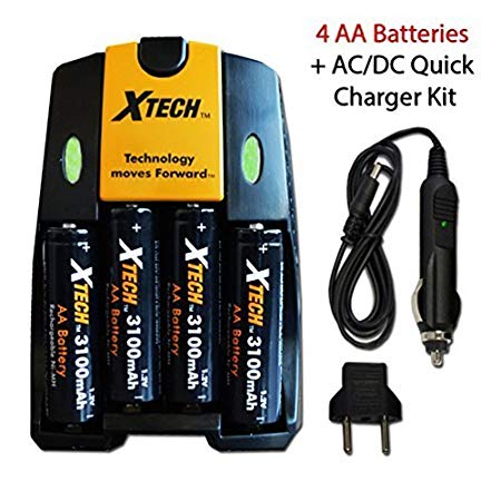 Xtech 4 AA Nimh High -Capacity Rechargeable Batteries 3100mAh plus Quick AC/DC Charger with Car Charger Adapter for Remote control, TV Remote Controllers, Game Controllers, Joysticks, Remote Control Trucks, Remote Control Cars, Remote Control Helicopters, Remote Control Planes, Remote Control Boats, Remote Control Choppers, Remote Control Trains and All Power Consuming Devices