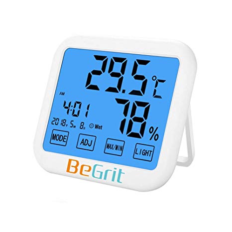 BeGrit Room Thermometer Digital Indoor Hygrometer Large Touchscreen Humidity Monitor Gauge Indicator with Alarm Clock Backlight for Nursery Home Office