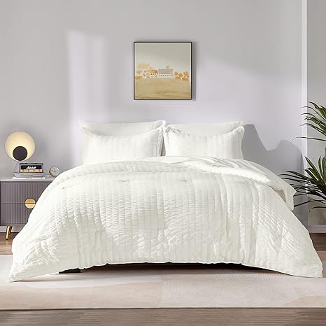 CozyLux King Seersucker Comforter Set with Sheets Ivory Bed in a Bag 7-Pieces All Season Bedding Sets with Comforter, Pillow Sham, Flat Sheet, Fitted Sheet, Pillowcase