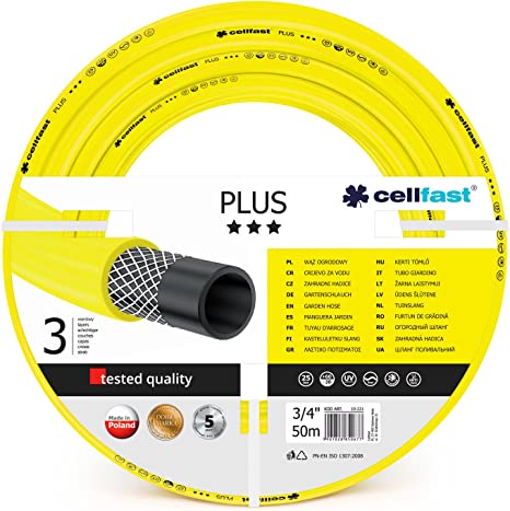 Cellfast Garden Hose PLUS 3/4” 50m, Flexible and Three-layer Hose, Resistance to UV, Internal Part Resistant to Algae, 10-221