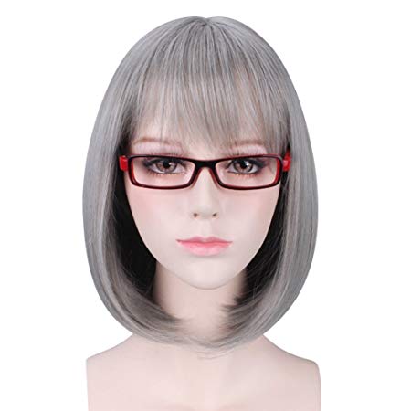 Short Straight Silvery Grey Wigs Heat Resistant Synthetic Natural Ombre Bob Cosplay Hair Wig for Women Shoulder Length