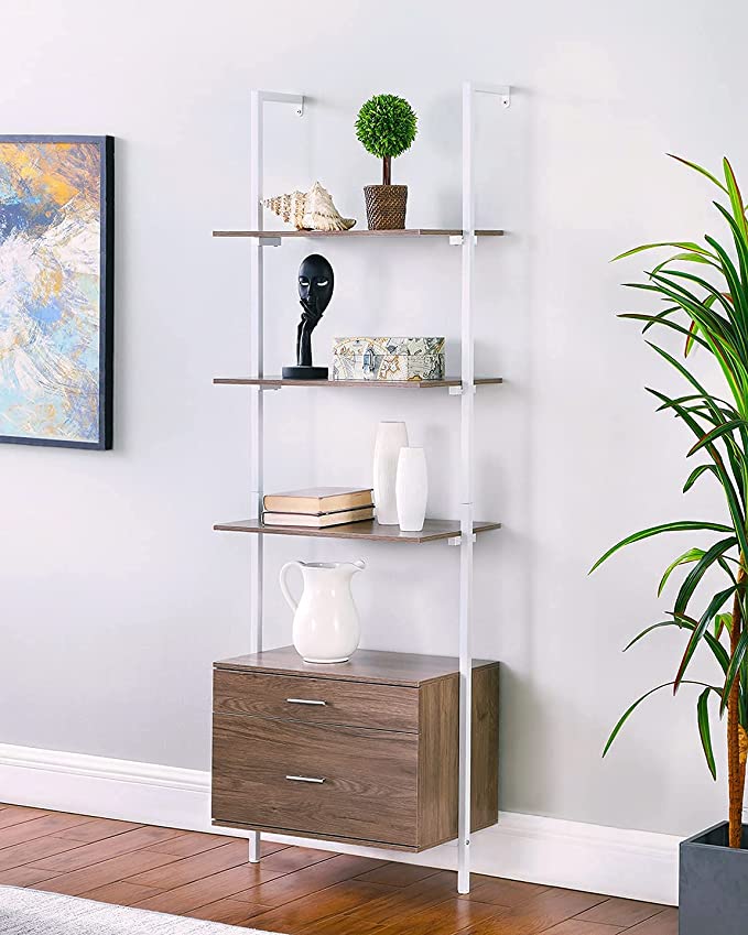 Industrial Bookshelf with Drawers, Ohuhu 3-Tier Vintage Display Case Storage Shelves Bookcase Plant Flower Stand with Matte Steel Frame for Living Room Furniture Home Office