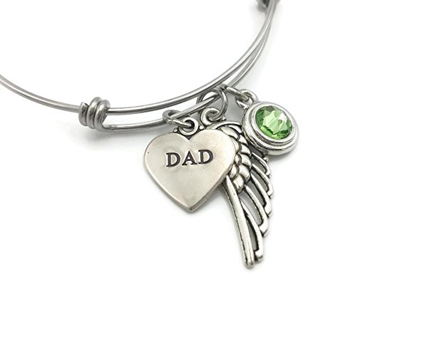 Loss of Dad Memorial Jewelry, Sympathy Gift, Adjustable Bangle, Angel Wing, Birthstone, Remembrance