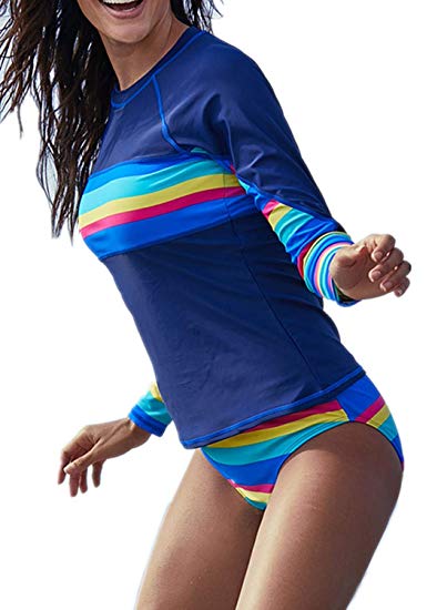 EVALESS Womens Geometric Print Contrast Long Sleeve Tie Side Rash Guard Tankini Swimsuit(S-XXXL)